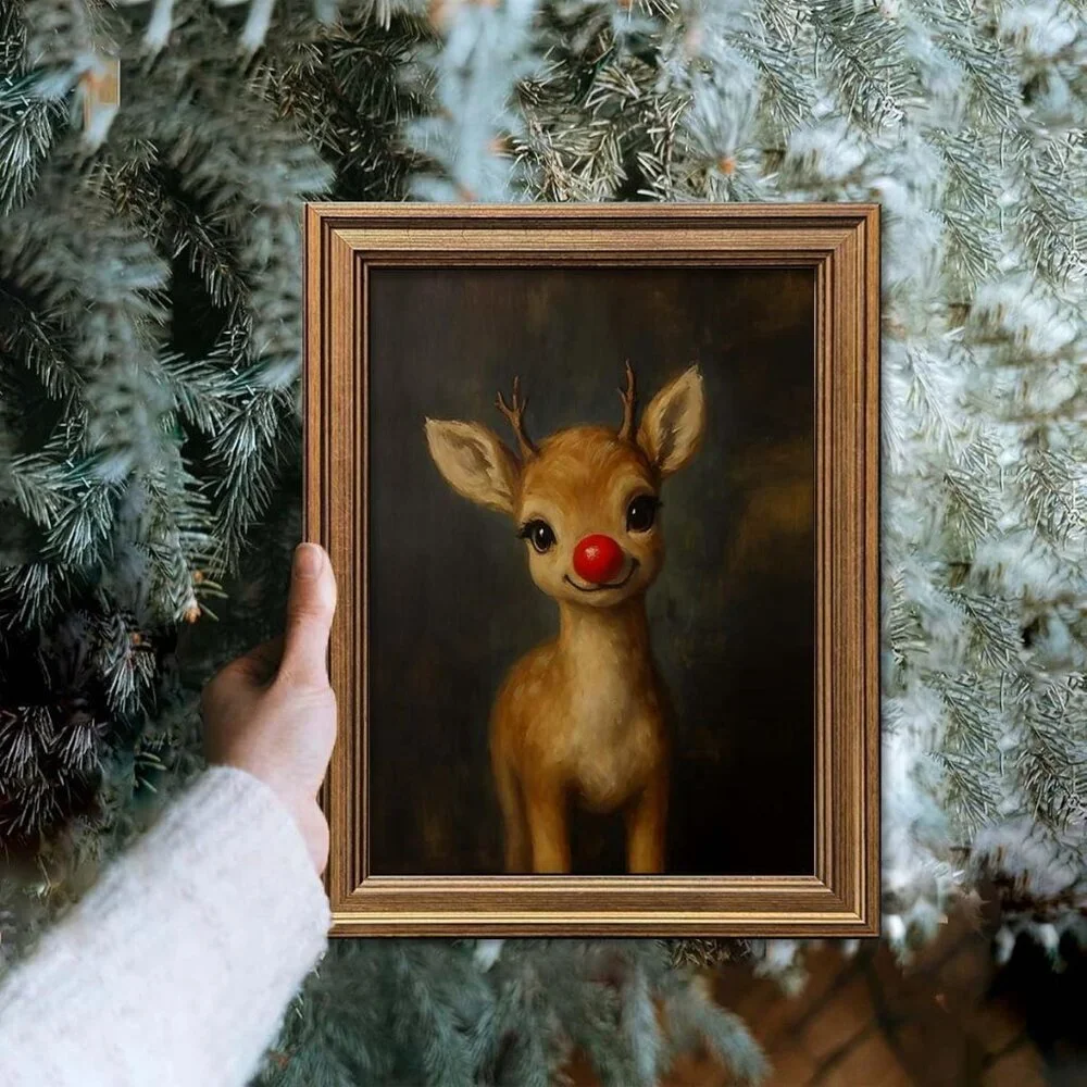 Vintage Christmas Wall Art Decor Gold Framed Clown Reindeer Picture Painting